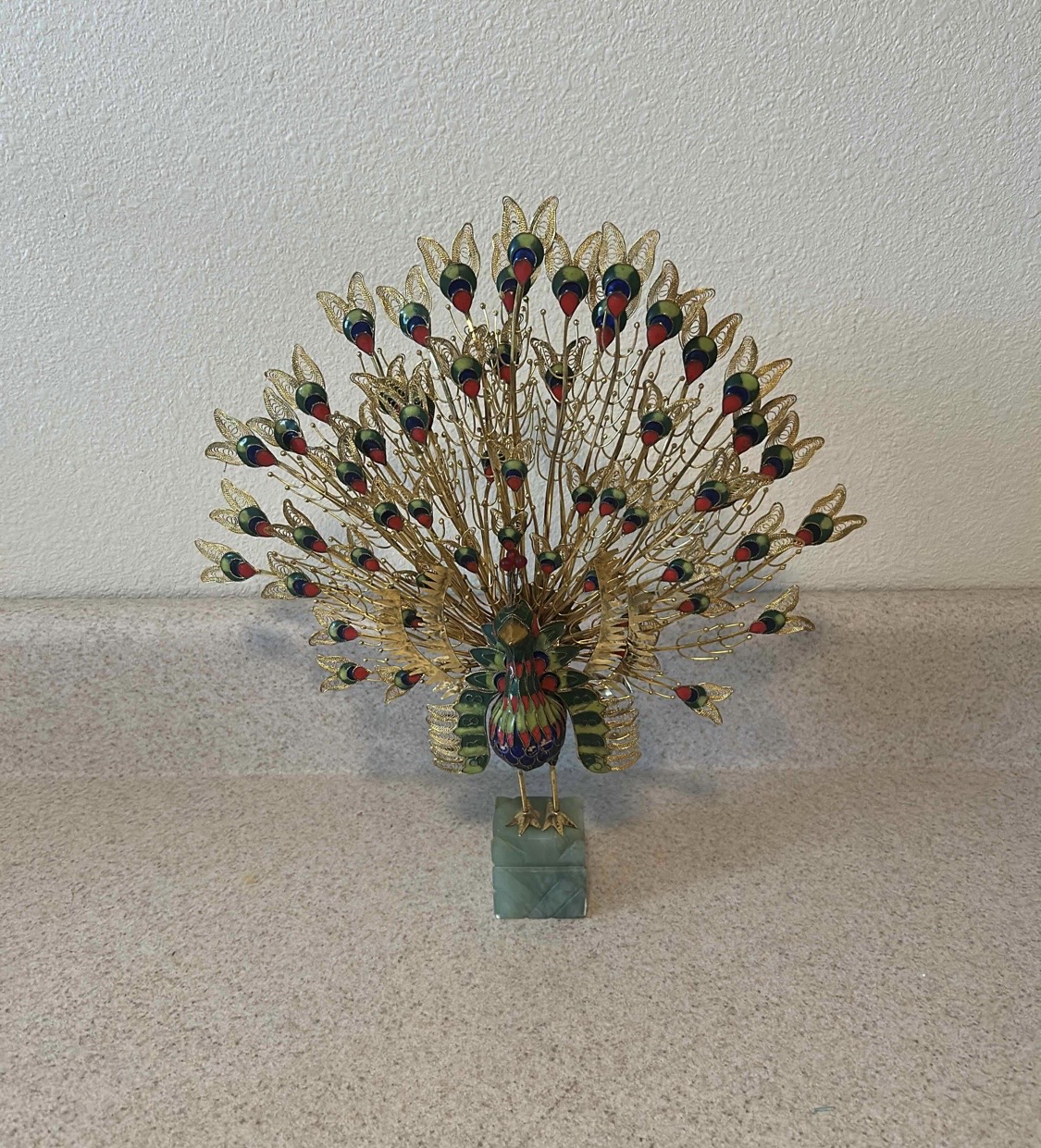 VTG Chinese Cloisonné gilt filigree Peacock on green stone stand