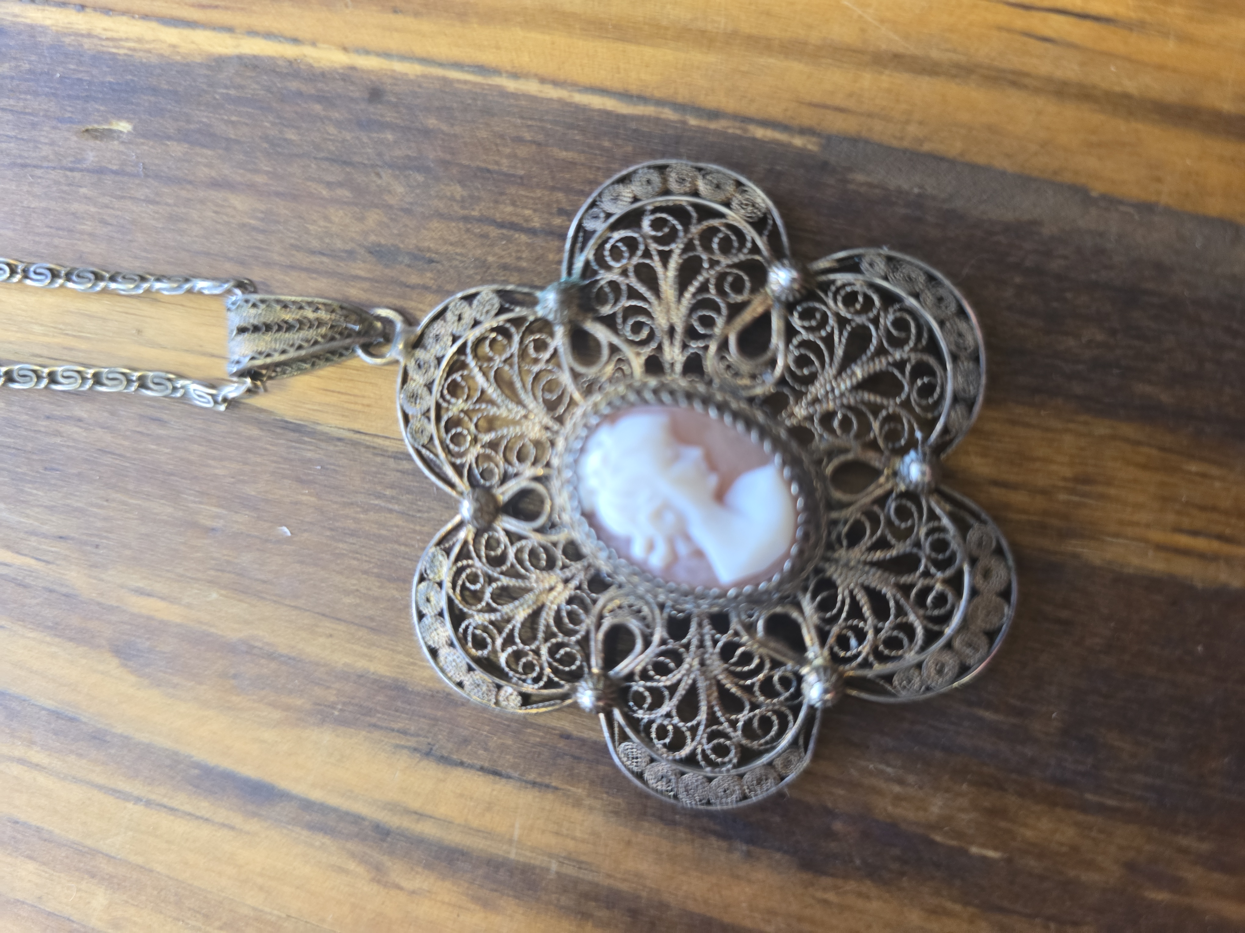 800 silver filigree cameo pendant necklace