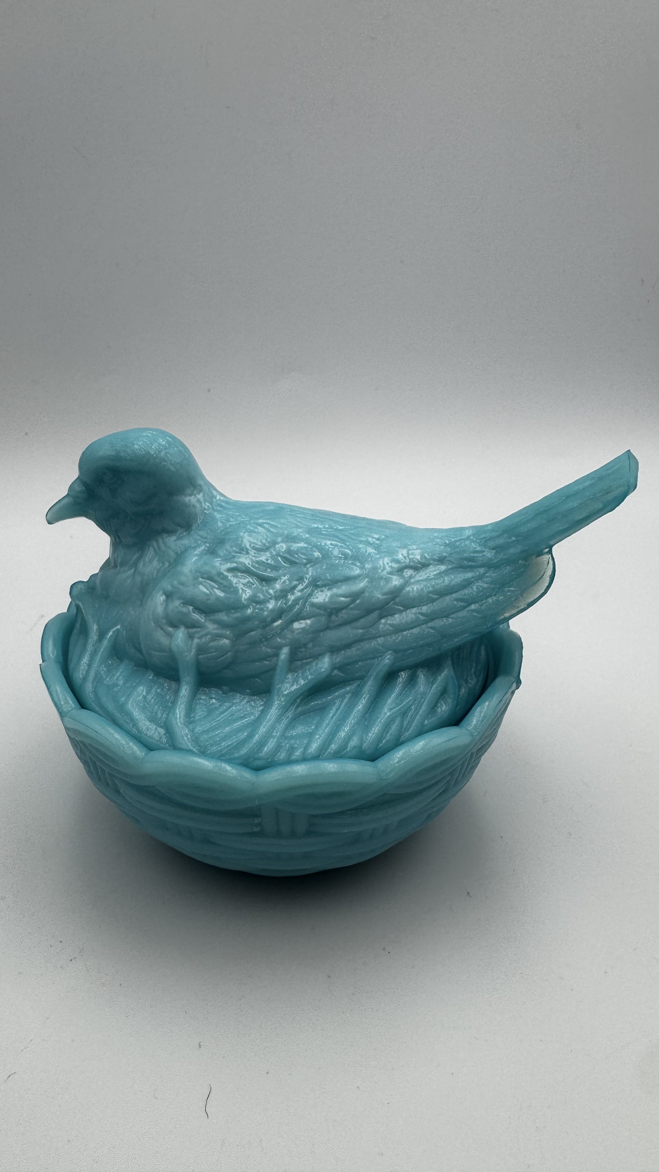 'Bird on Nest' - Blue Milk Glass w/basket weave