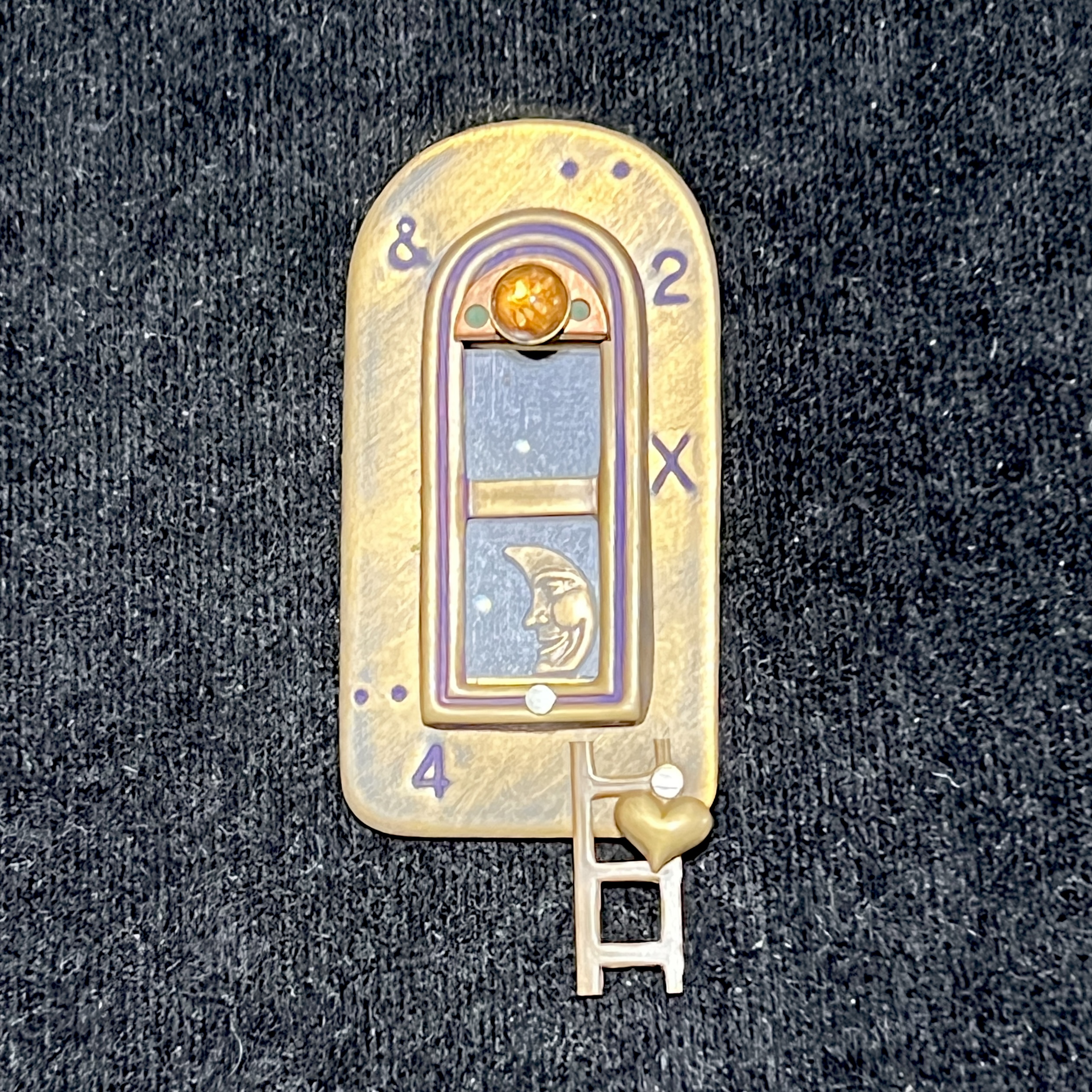 Whimsical Moon Artisan Brass Brooch