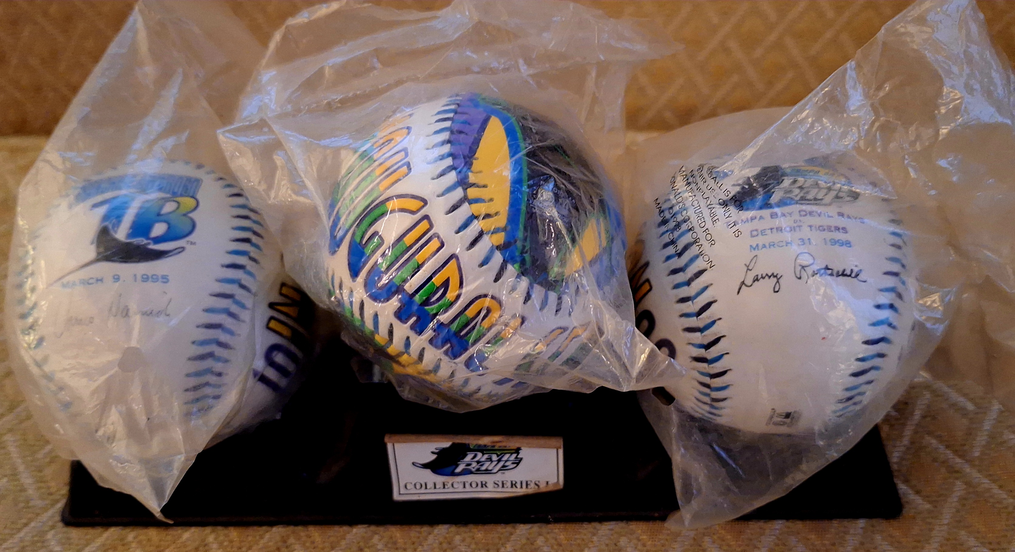 Vintage 1998 Tampa Bay Devil Rays Inaugural Season Baseball & Stand Set.