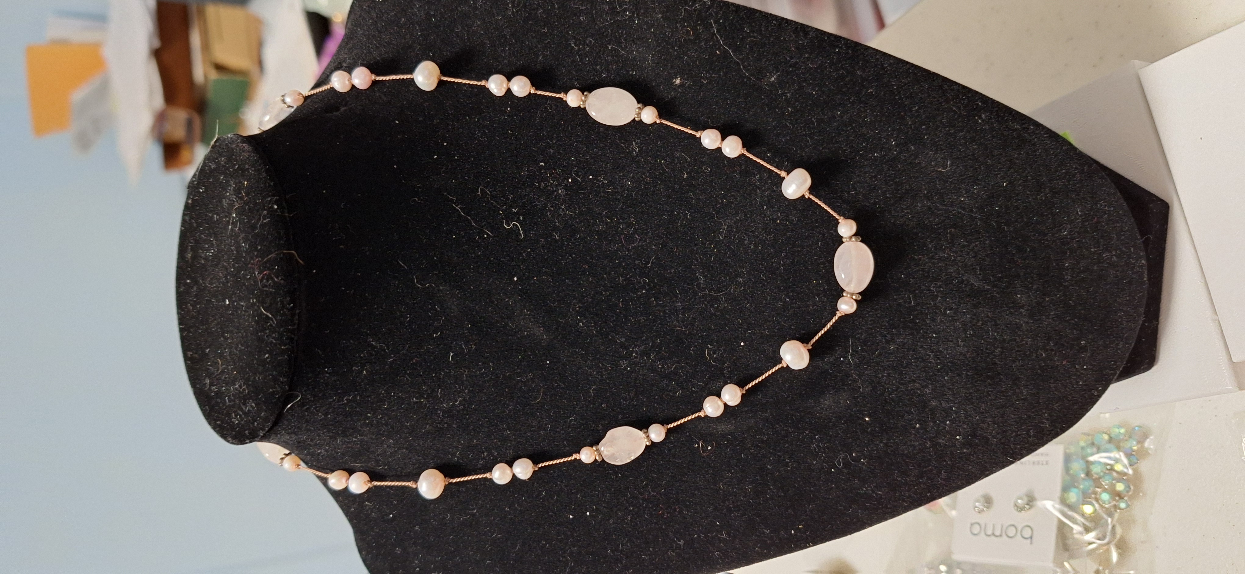 Pearl stations necklace, pearls and agate sterling findings